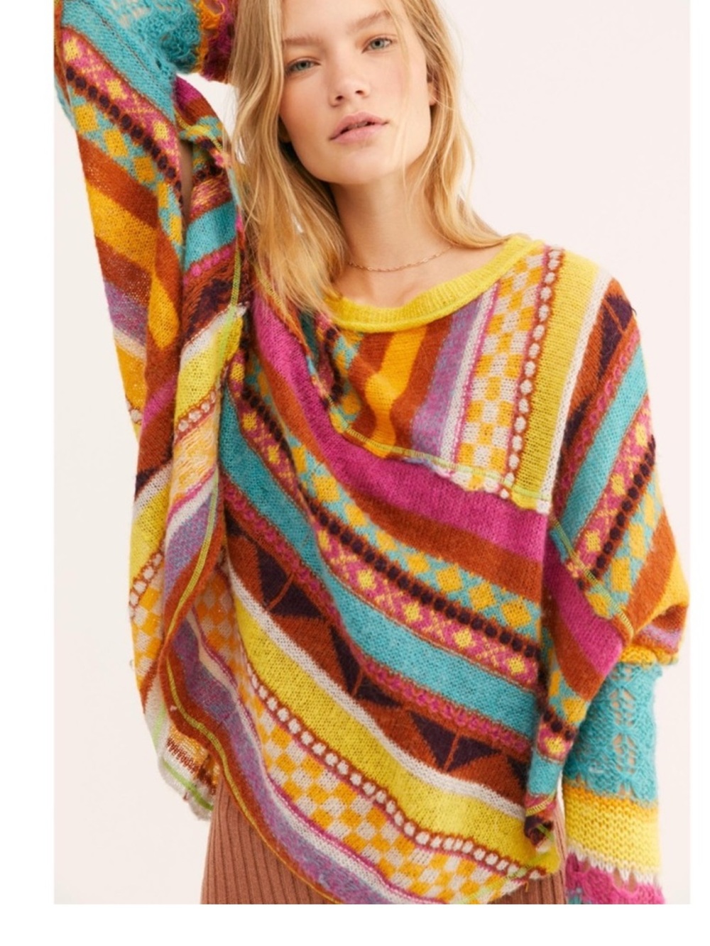 Free People Med‎ December Skies Poncho Sweater Patchwork Knit Boho Festival